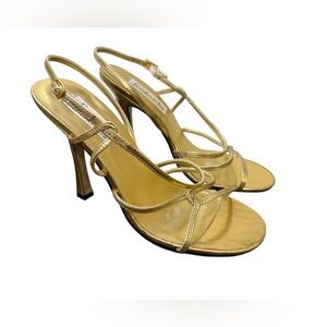 Vintage Frederick's of Hollywood Gold Metallic Strappy Stiletto Sandals size 7.5
